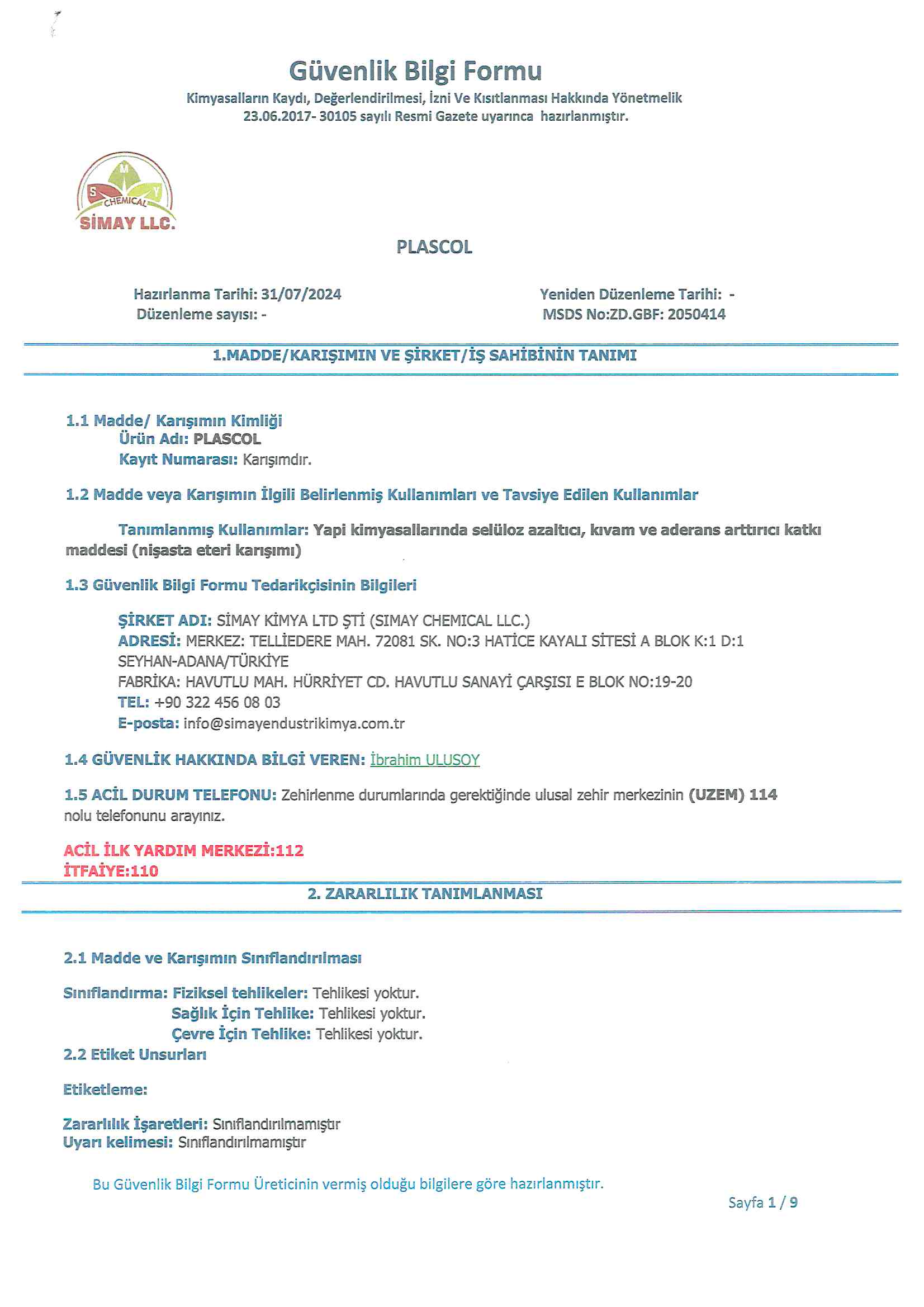PLASCOL GÜVENLİK BİLGİ FORMU (MSDS)